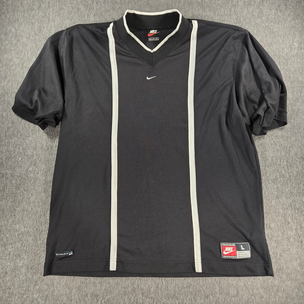 Vintage Nike Team Sports Jersey Mens Large Black White Striped V-Neck 90s Y2K